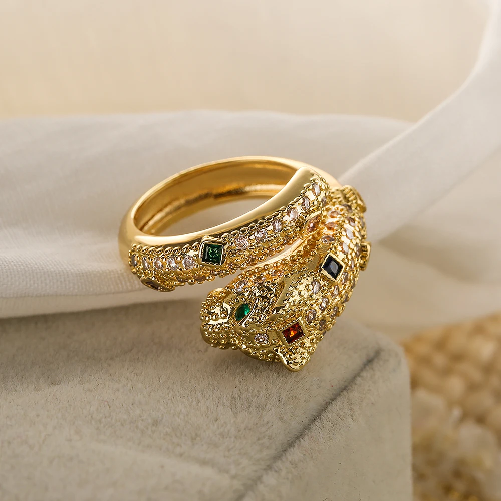 NEWBUY High Quality Fashion Statement Big Animal Ring For Women Girl Party Jewelry Gold Color Zircon Leopard Open Ring Wholesale