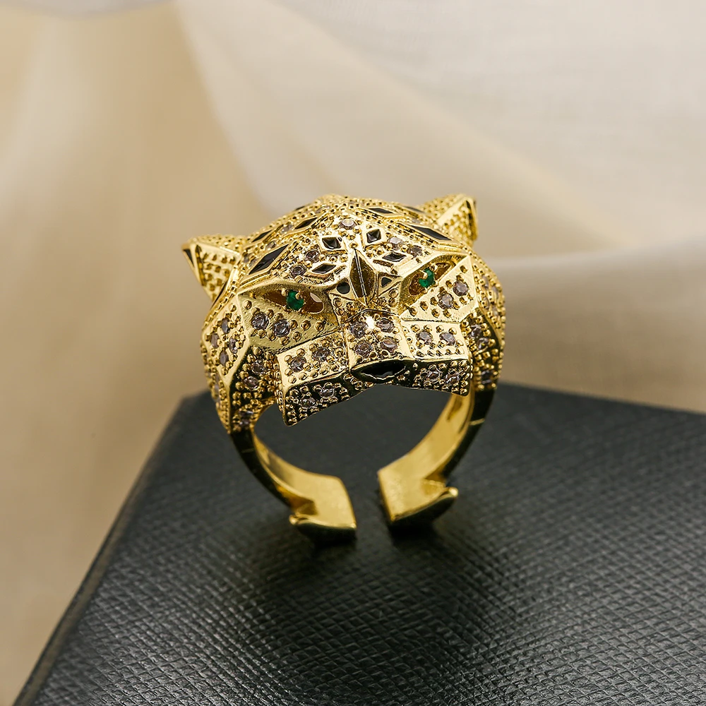 NEWBUY High Quality Fashion Statement Big Animal Ring For Women Girl Party Jewelry Gold Color Zircon Leopard Open Ring Wholesale