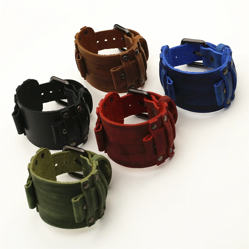 Vintage Black Red Blue Brown Green Genuine Leather Watchband 22mm Punk Pin Belt Watch Strap 24mm Bracelet Men Jewelry