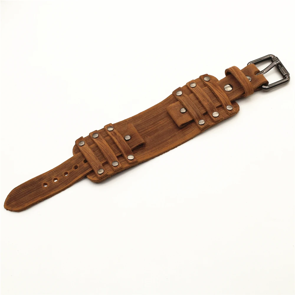 Vintage Black Red Blue Brown Green Genuine Leather Watchband 22mm Punk Pin Belt Watch Strap 24mm Bracelet Men Jewelry