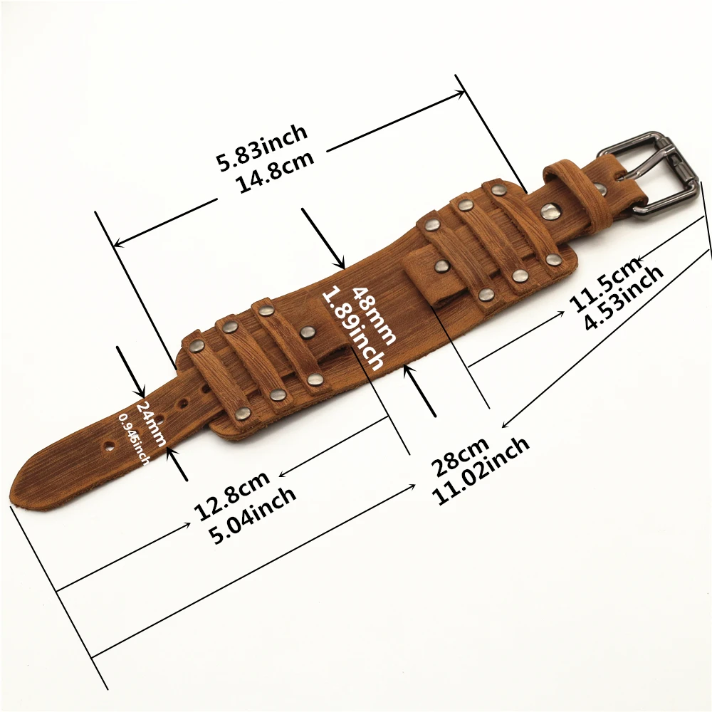 Vintage Black Red Blue Brown Green Genuine Leather Watchband 22mm Punk Pin Belt Watch Strap 24mm Bracelet Men Jewelry