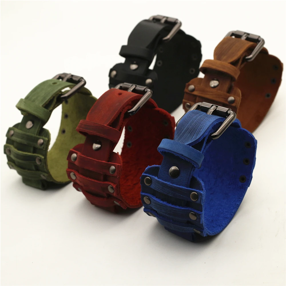 Vintage Black Red Blue Brown Green Genuine Leather Watchband 22mm Punk Pin Belt Watch Strap 24mm Bracelet Men Jewelry