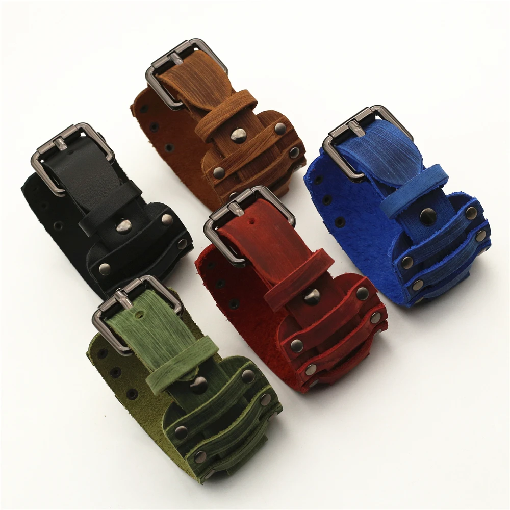 Vintage Black Red Blue Brown Green Genuine Leather Watchband 22mm Punk Pin Belt Watch Strap 24mm Bracelet Men Jewelry