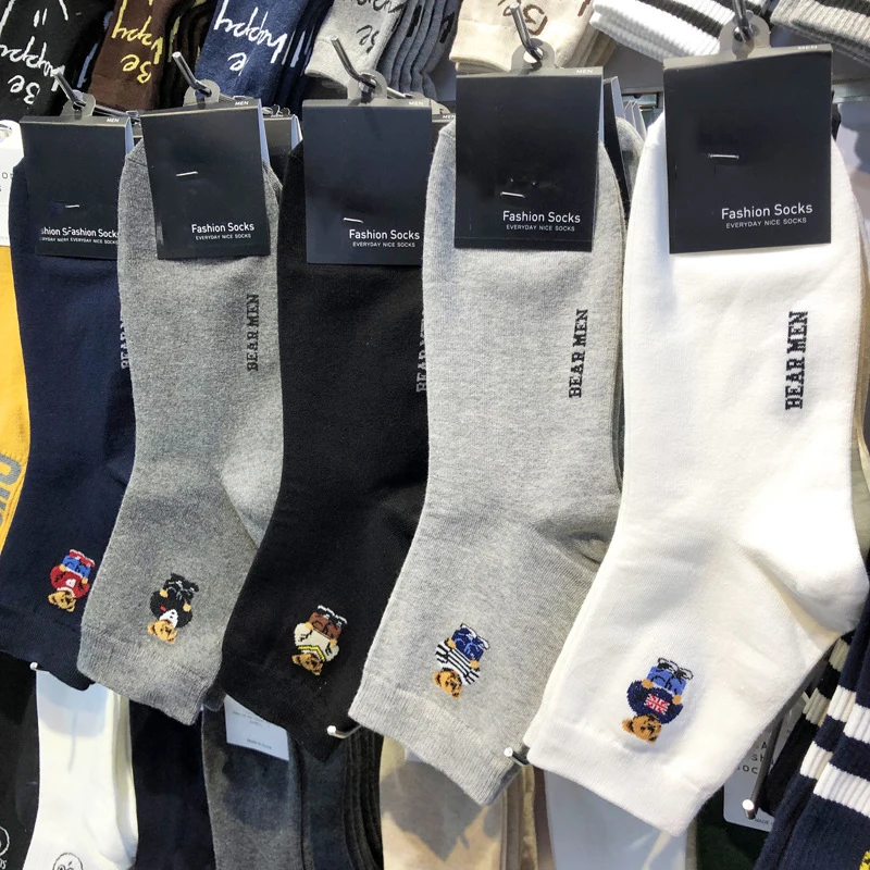 Good Quality Cartoon Gentleman Bear Men's Socks Cotton Harajuku Style Sport Boys Skateboard Novelty Breathable Christmas Gifts
