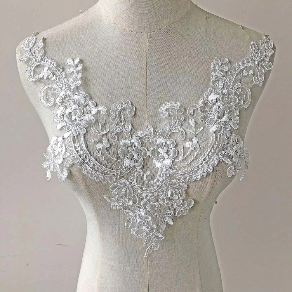 1 Piece Embroidered Lace Fabric Patch Sewing Dress Neckline Collar Applique Wedding Gown Decoration DIY Repair