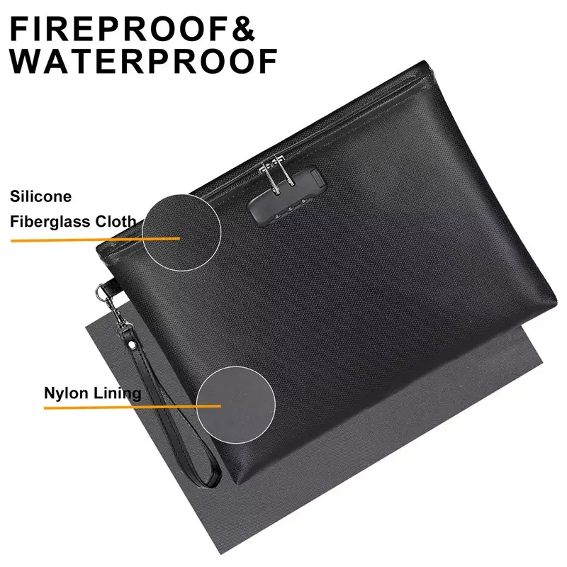 Factory Supply Zipper Bag with Lock Fireproof File Bag Safe Document Fireproof Money Bag