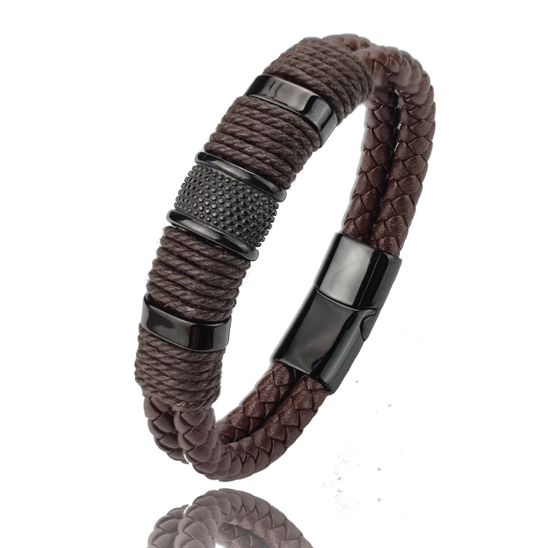 Charm Vintage Multilayer Brown Leather Stainless Steel Men Bracelet Bead Bracelet Jewelry Male Wrist Bangle Christmas Gifts