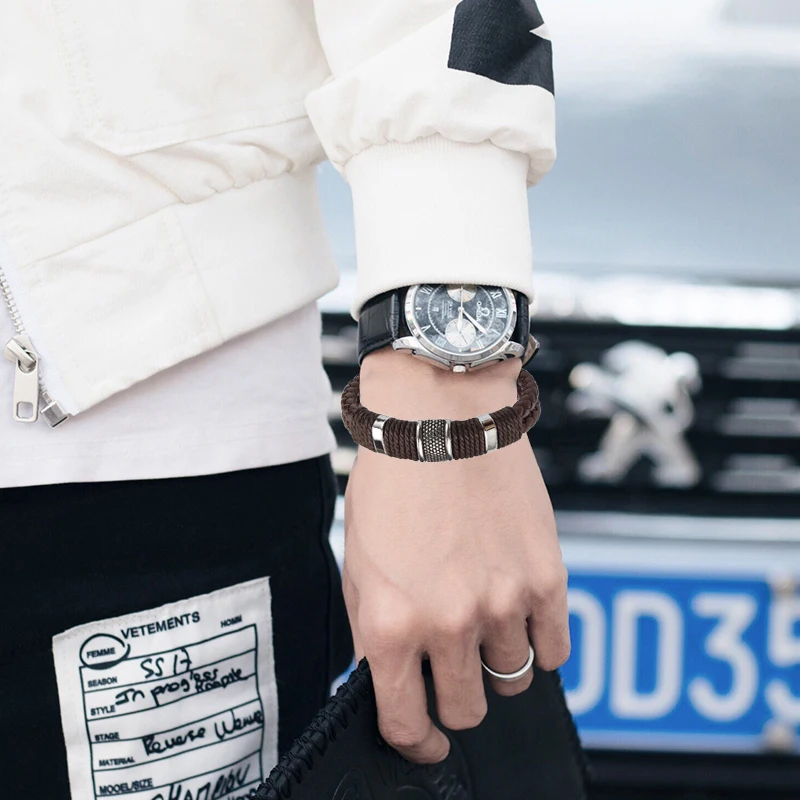 Charm Vintage Multilayer Brown Leather Stainless Steel Men Bracelet Bead Bracelet Jewelry Male Wrist Bangle Christmas Gifts