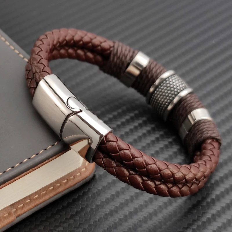 Charm Vintage Multilayer Brown Leather Stainless Steel Men Bracelet Bead Bracelet Jewelry Male Wrist Bangle Christmas Gifts