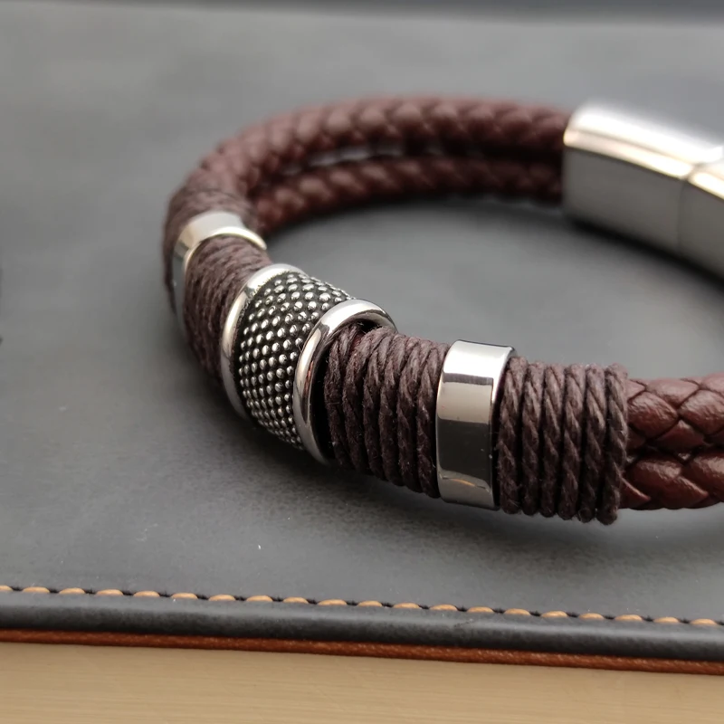 Charm Vintage Multilayer Brown Leather Stainless Steel Men Bracelet Bead Bracelet Jewelry Male Wrist Bangle Christmas Gifts