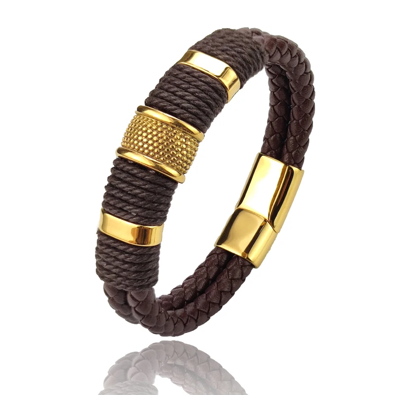 Charm Vintage Multilayer Brown Leather Stainless Steel Men Bracelet Bead Bracelet Jewelry Male Wrist Bangle Christmas Gifts