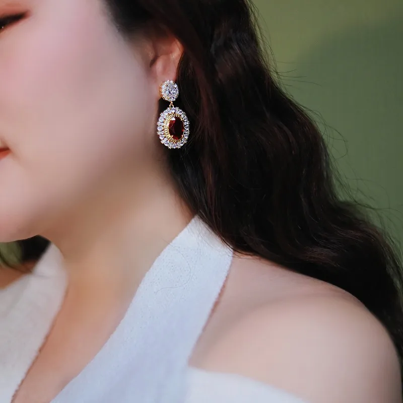 Huitan Aesthetic Gold Color Red CZ Hanging Earrings for Women Full Bling Iced Out Wedding Party Luxury Accessories Trend Jewelry