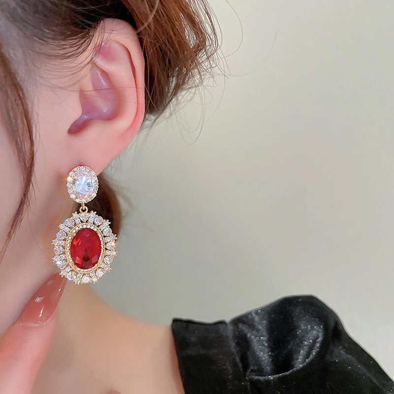 Huitan Aesthetic Gold Color Red CZ Hanging Earrings for Women Full Bling Iced Out Wedding Party Luxury Accessories Trend Jewelry