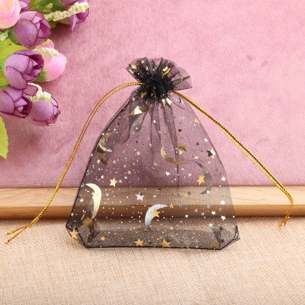 25/50pcs 7x9/9x12/10x15/13x18cm Star Moon Organza Gift Bags Mini Sachet Gold Color Drawstring Bag Jewelry Packaging Pouches