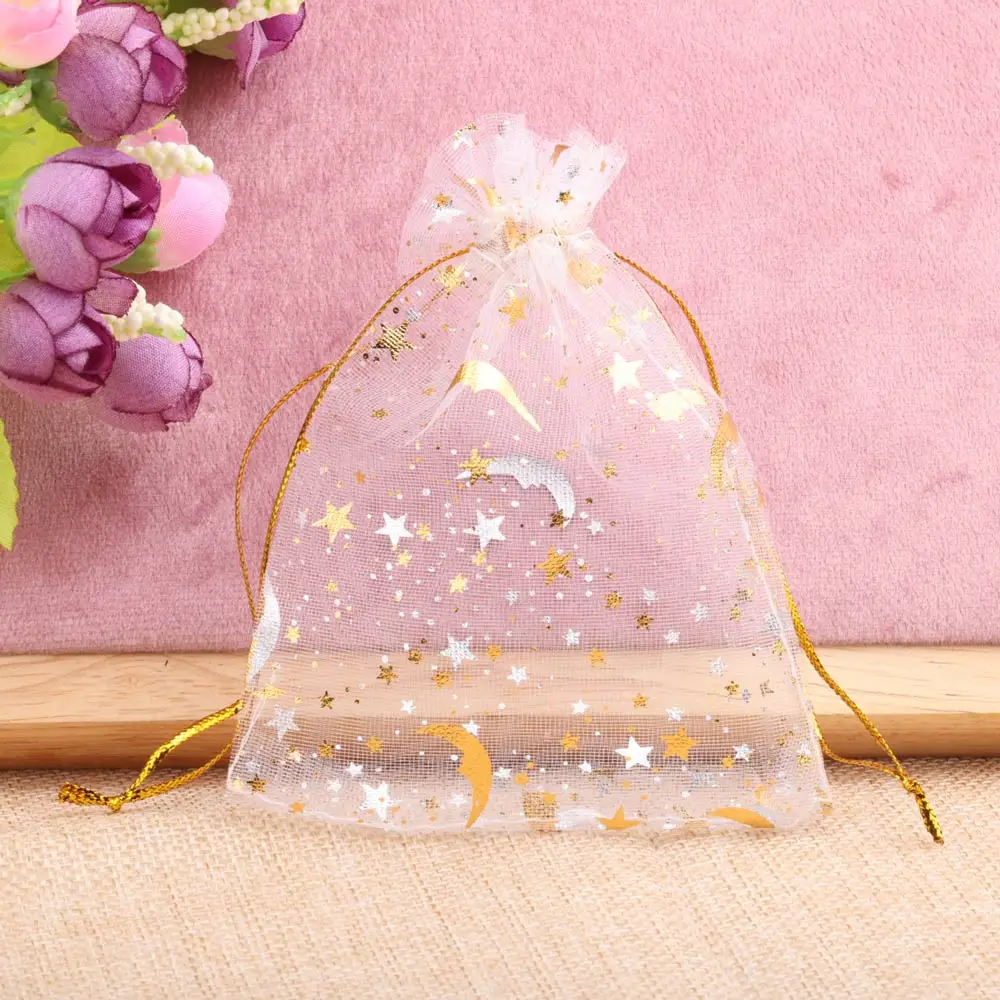 25/50pcs 7x9/9x12/10x15/13x18cm Star Moon Organza Gift Bags Mini Sachet Gold Color Drawstring Bag Jewelry Packaging Pouches