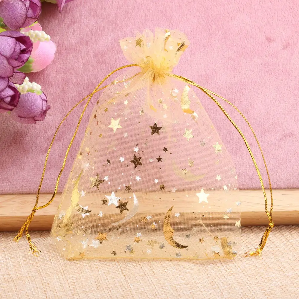25/50pcs 7x9/9x12/10x15/13x18cm Star Moon Organza Gift Bags Mini Sachet Gold Color Drawstring Bag Jewelry Packaging Pouches