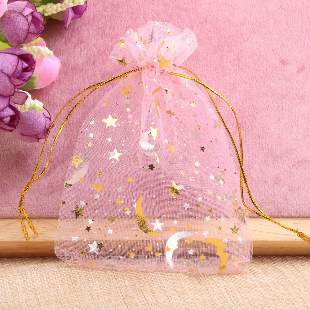 25/50pcs 7x9/9x12/10x15/13x18cm Star Moon Organza Gift Bags Mini Sachet Gold Color Drawstring Bag Jewelry Packaging Pouches