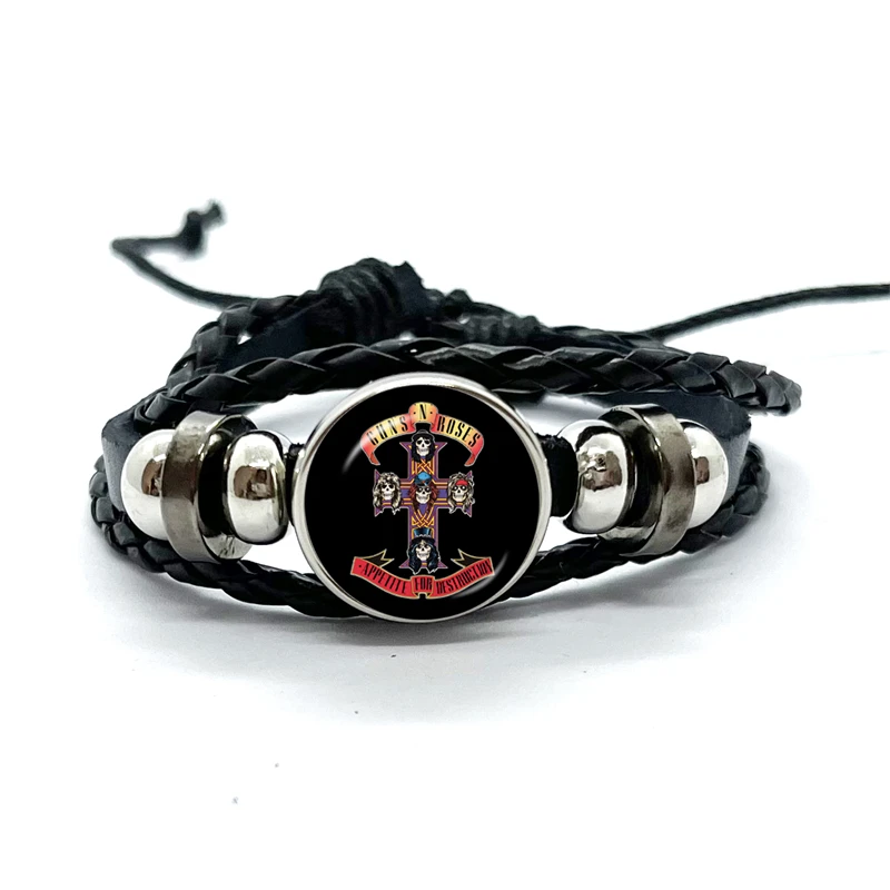 Latest Guns N Roses Rock Band Bracelet Punk Guns and Roses Band Logo Print Glass Gem Handmade Multilayer Braided Bangle Gift