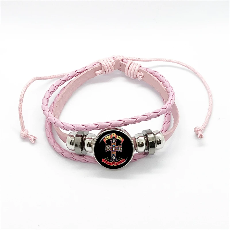 Latest Guns N Roses Rock Band Bracelet Punk Guns and Roses Band Logo Print Glass Gem Handmade Multilayer Braided Bangle Gift
