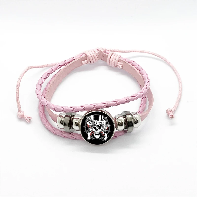 Latest Guns N Roses Rock Band Bracelet Punk Guns and Roses Band Logo Print Glass Gem Handmade Multilayer Braided Bangle Gift