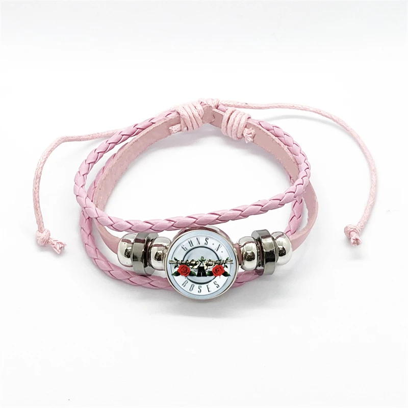 Latest Guns N Roses Rock Band Bracelet Punk Guns and Roses Band Logo Print Glass Gem Handmade Multilayer Braided Bangle Gift