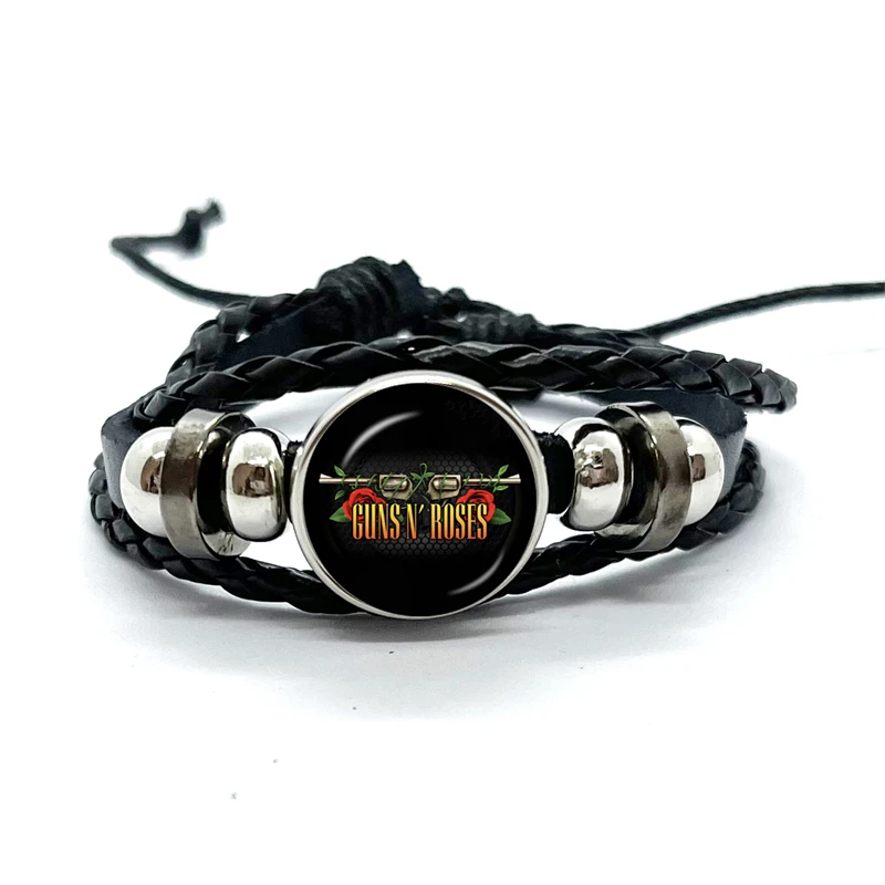 Latest Guns N Roses Rock Band Bracelet Punk Guns and Roses Band Logo Print Glass Gem Handmade Multilayer Braided Bangle Gift