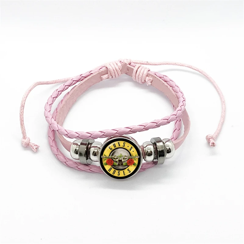 Latest Guns N Roses Rock Band Bracelet Punk Guns and Roses Band Logo Print Glass Gem Handmade Multilayer Braided Bangle Gift