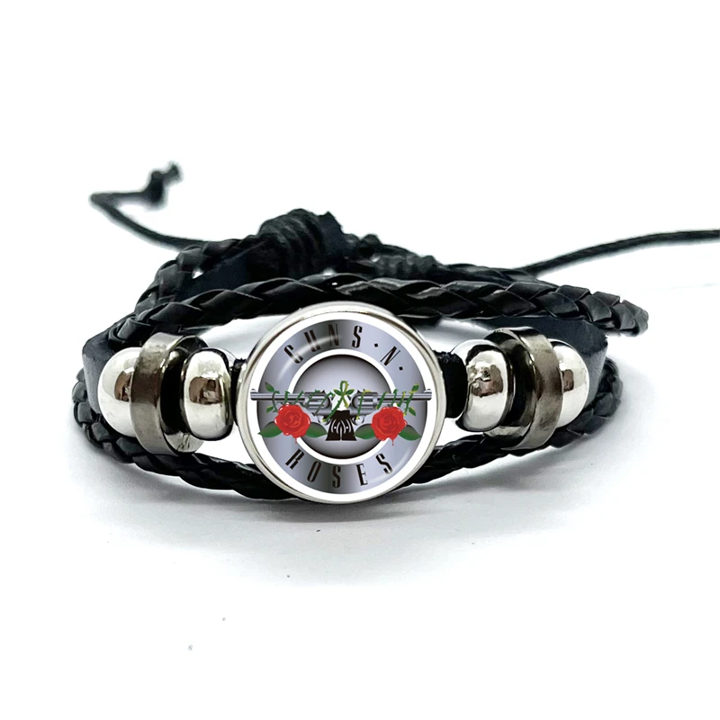 Latest Guns N Roses Rock Band Bracelet Punk Guns and Roses Band Logo Print Glass Gem Handmade Multilayer Braided Bangle Gift