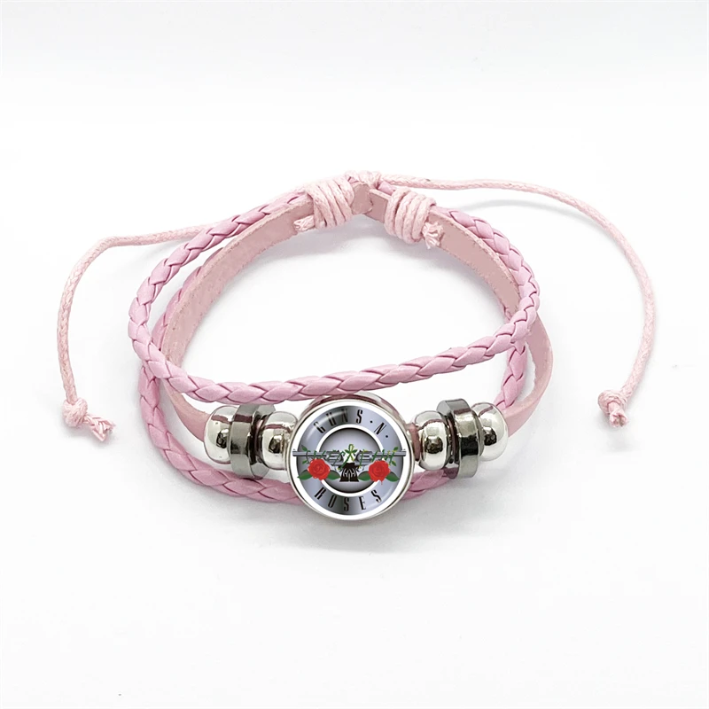 Latest Guns N Roses Rock Band Bracelet Punk Guns and Roses Band Logo Print Glass Gem Handmade Multilayer Braided Bangle Gift