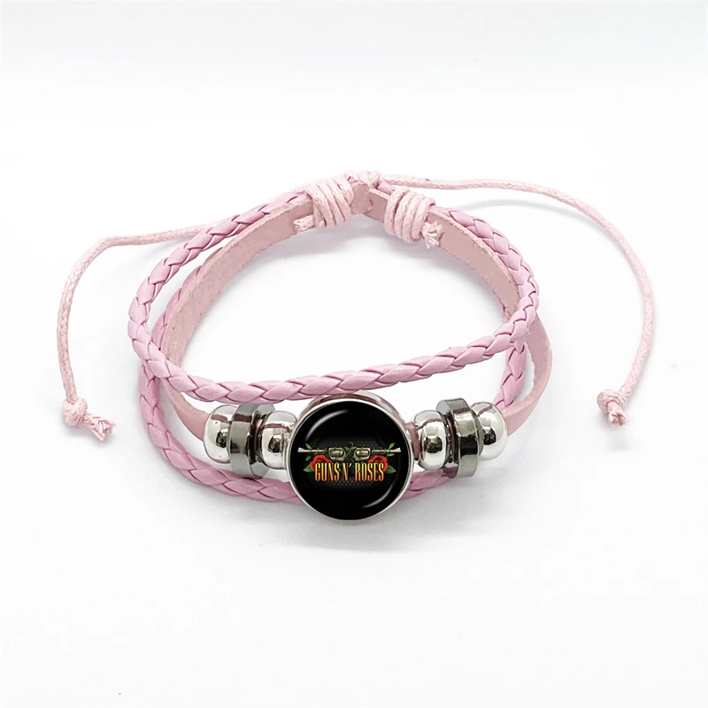 Latest Guns N Roses Rock Band Bracelet Punk Guns and Roses Band Logo Print Glass Gem Handmade Multilayer Braided Bangle Gift