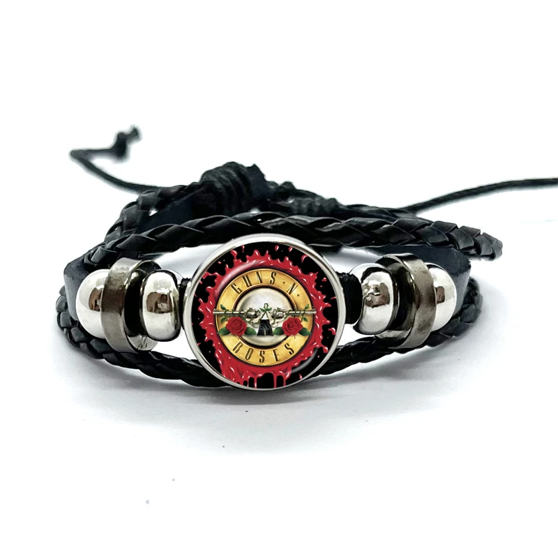 Latest Guns N Roses Rock Band Bracelet Punk Guns and Roses Band Logo Print Glass Gem Handmade Multilayer Braided Bangle Gift