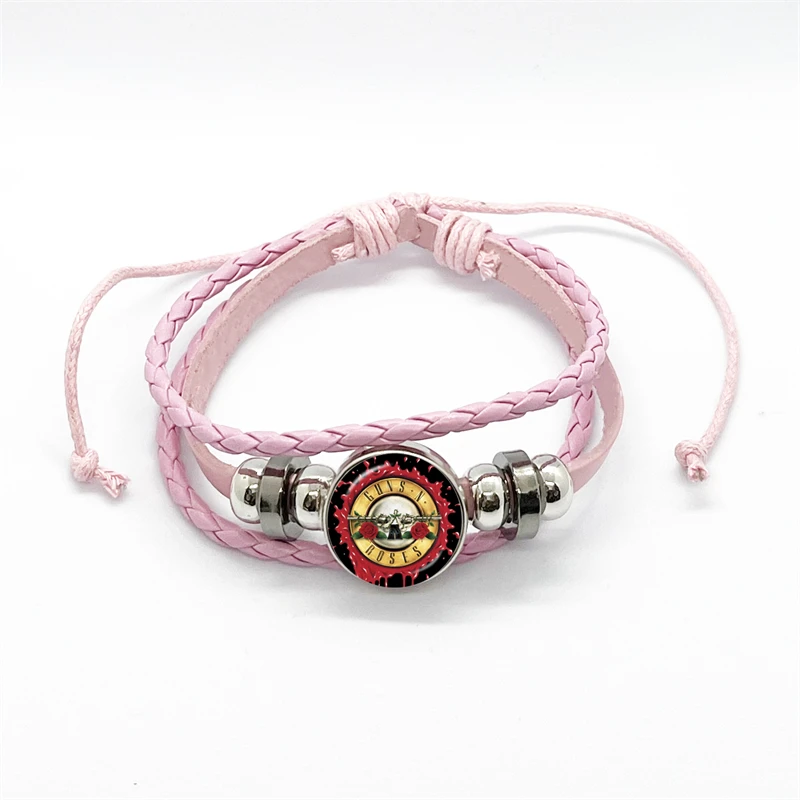 Latest Guns N Roses Rock Band Bracelet Punk Guns and Roses Band Logo Print Glass Gem Handmade Multilayer Braided Bangle Gift
