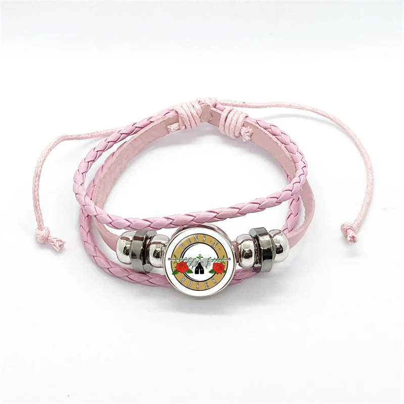 Latest Guns N Roses Rock Band Bracelet Punk Guns and Roses Band Logo Print Glass Gem Handmade Multilayer Braided Bangle Gift
