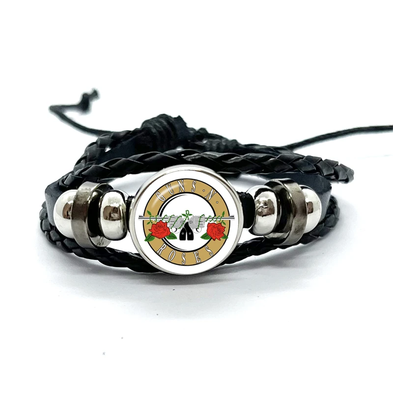 Latest Guns N Roses Rock Band Bracelet Punk Guns and Roses Band Logo Print Glass Gem Handmade Multilayer Braided Bangle Gift