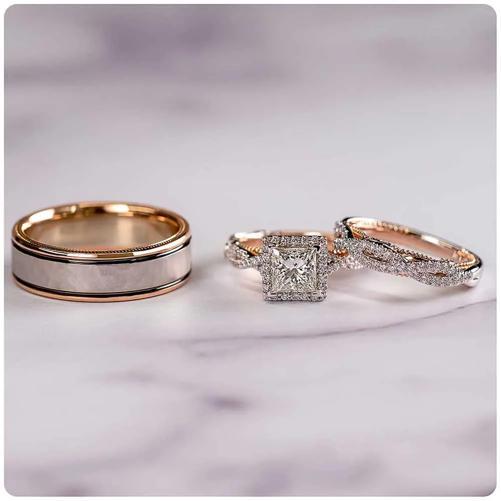 Huitan Luxury Princess Cut Cubic Zircon Bridal Marriage Set Rings Elegant Accessories Brilliant Women Men Wedding Trendy Jewelry