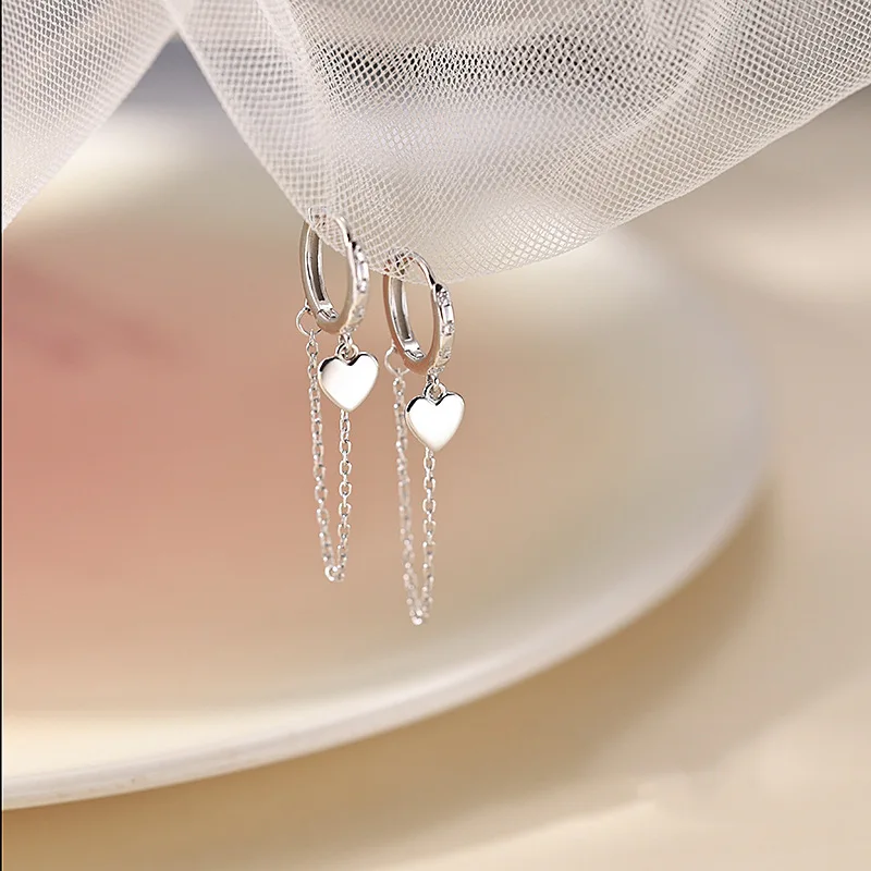 CIAXY Silver Color Heart-shaped Charm Earrings for Women Temperament Tassel Chain Ear Buckle Korean Fashion Jewelry