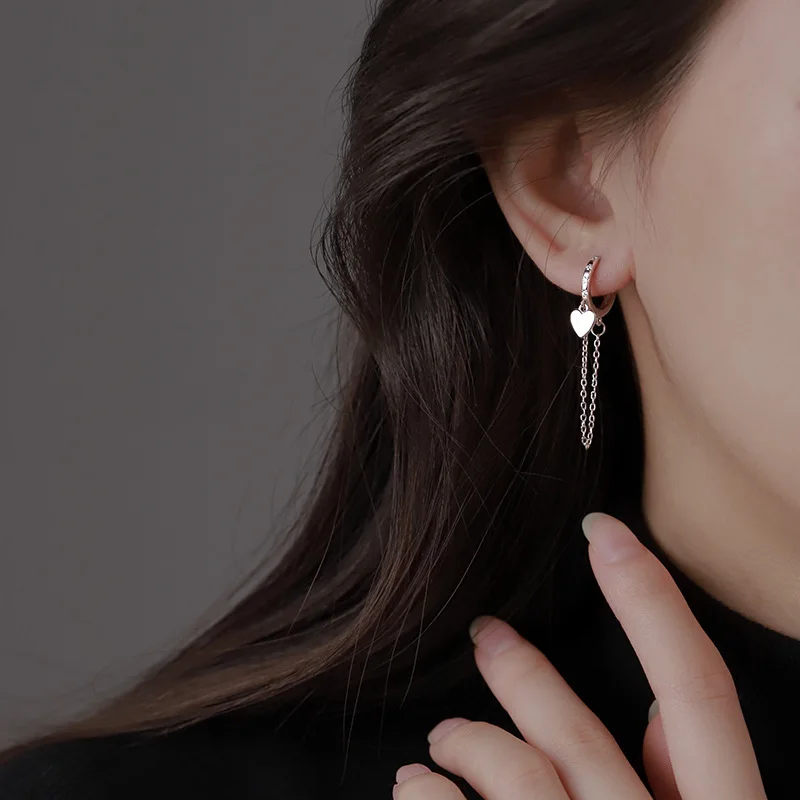 CIAXY Silver Color Heart-shaped Charm Earrings for Women Temperament Tassel Chain Ear Buckle Korean Fashion Jewelry
