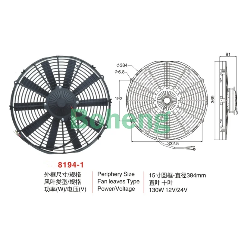 Automobile Air Conditioner Cooling Electronic Fan, Condenser Fan 8,9,10,12,14 Inches, 80W 12V/24V