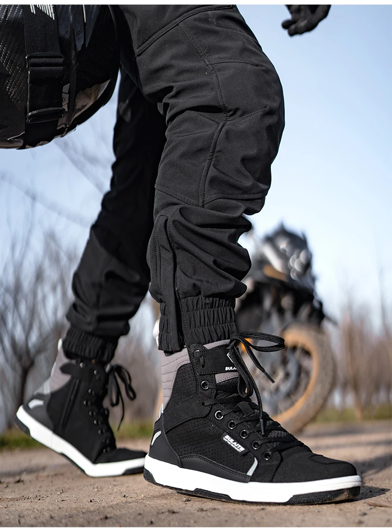 Men Motorcycle Boots Breathable Anti-fall Rider Road Racing Casual Shoes Boots Gear Shift Rubber Sole Reflective Motorbike Shoes