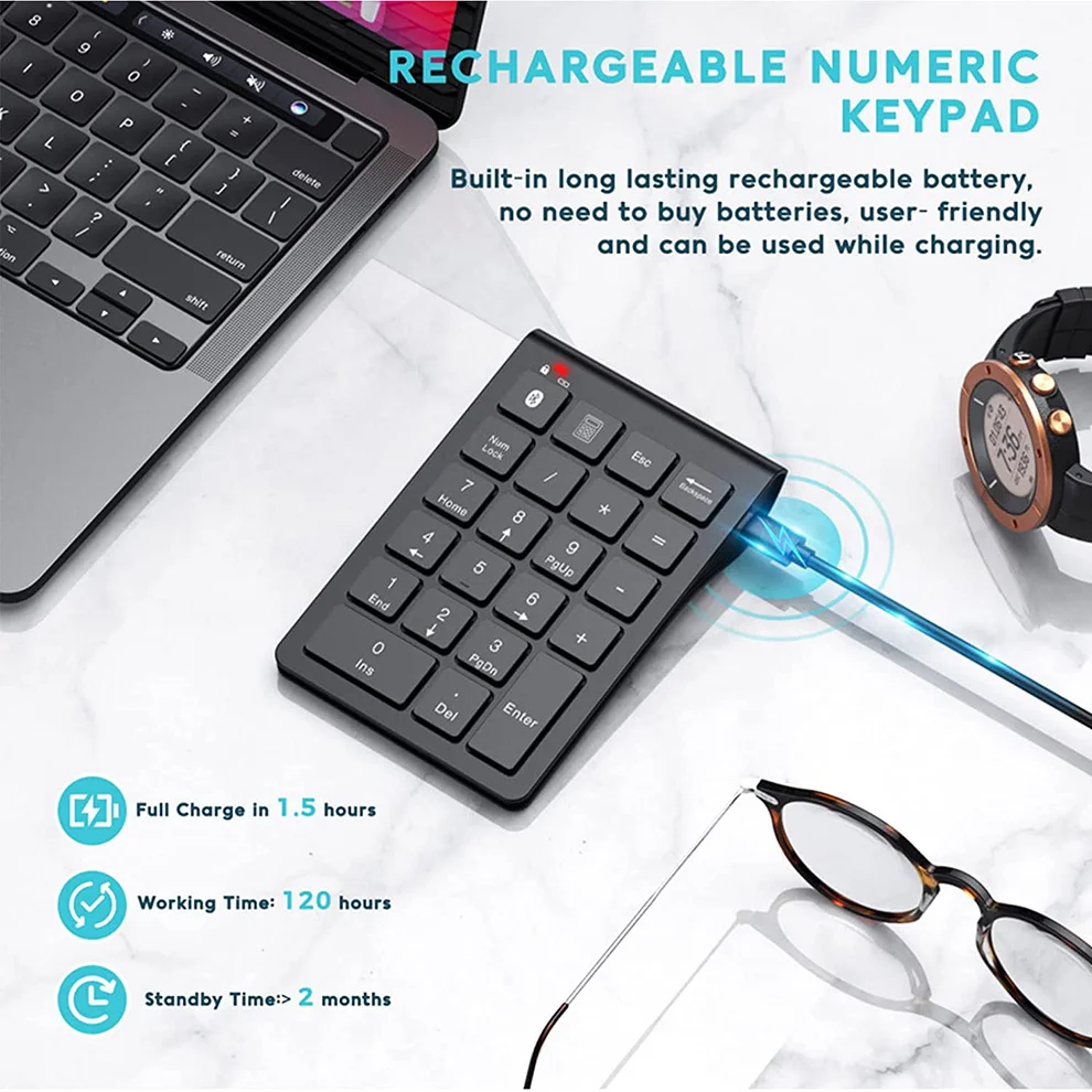 Jomaa Rechargeable Wireless Numeric Keypad Bluetooth Number Pad Slim 22-Keys External Numpad Keyboard Data Entry