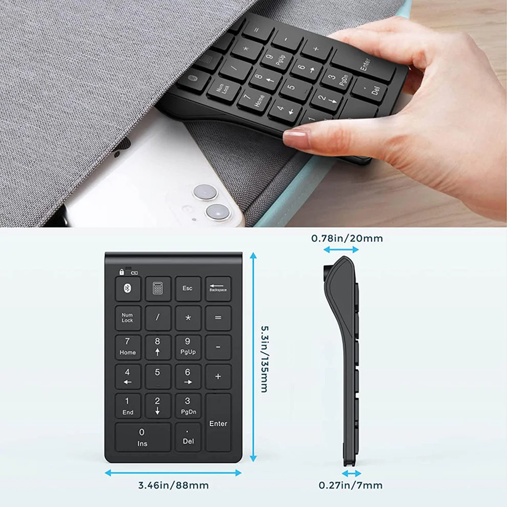 Jomaa Rechargeable Wireless Numeric Keypad Bluetooth Number Pad Slim 22-Keys External Numpad Keyboard Data Entry