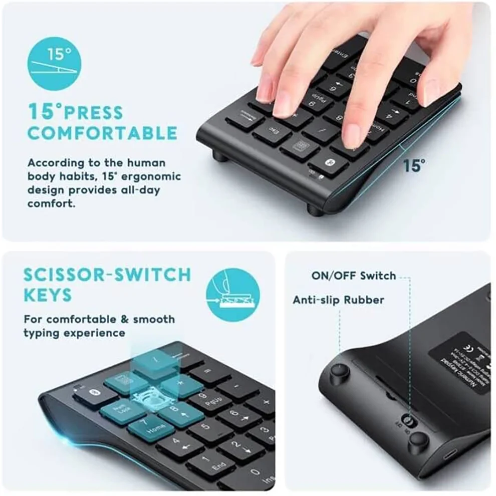Jomaa Rechargeable Wireless Numeric Keypad Bluetooth Number Pad Slim 22-Keys External Numpad Keyboard Data Entry
