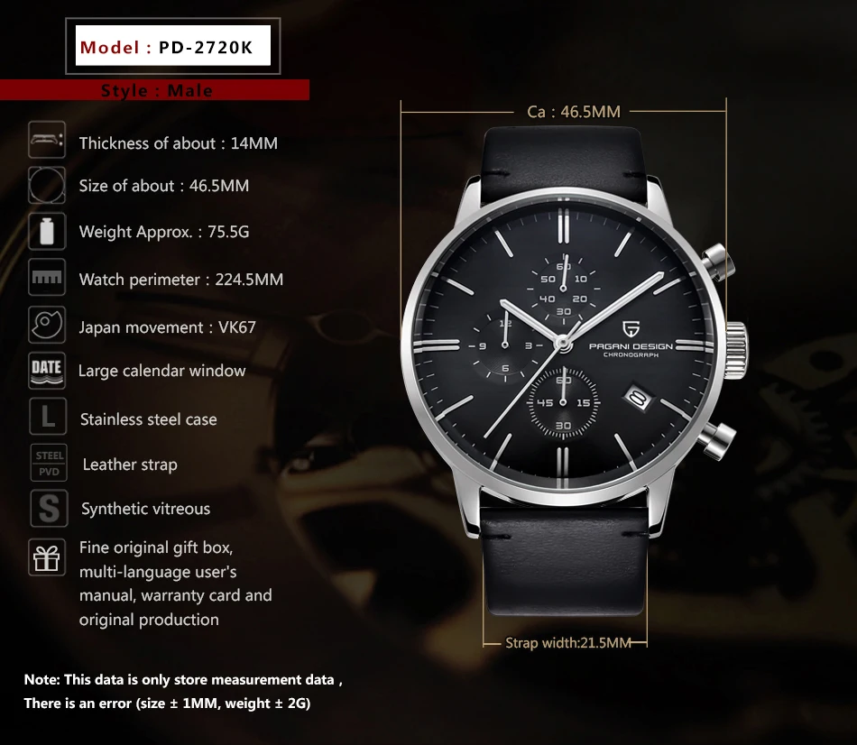 PAGANI DESIGN Men Quartz Watch Top Brand Luxury PD2720K Chronograph Stopwatch Japan VK67 Movement Waterproof Watch For Men 2720