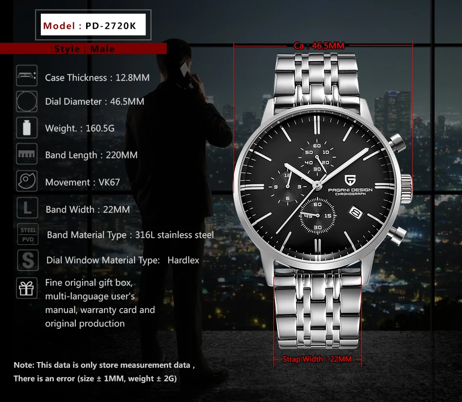 PAGANI DESIGN Men Quartz Watch Top Brand Luxury PD2720K Chronograph Stopwatch Japan VK67 Movement Waterproof Watch For Men 2720