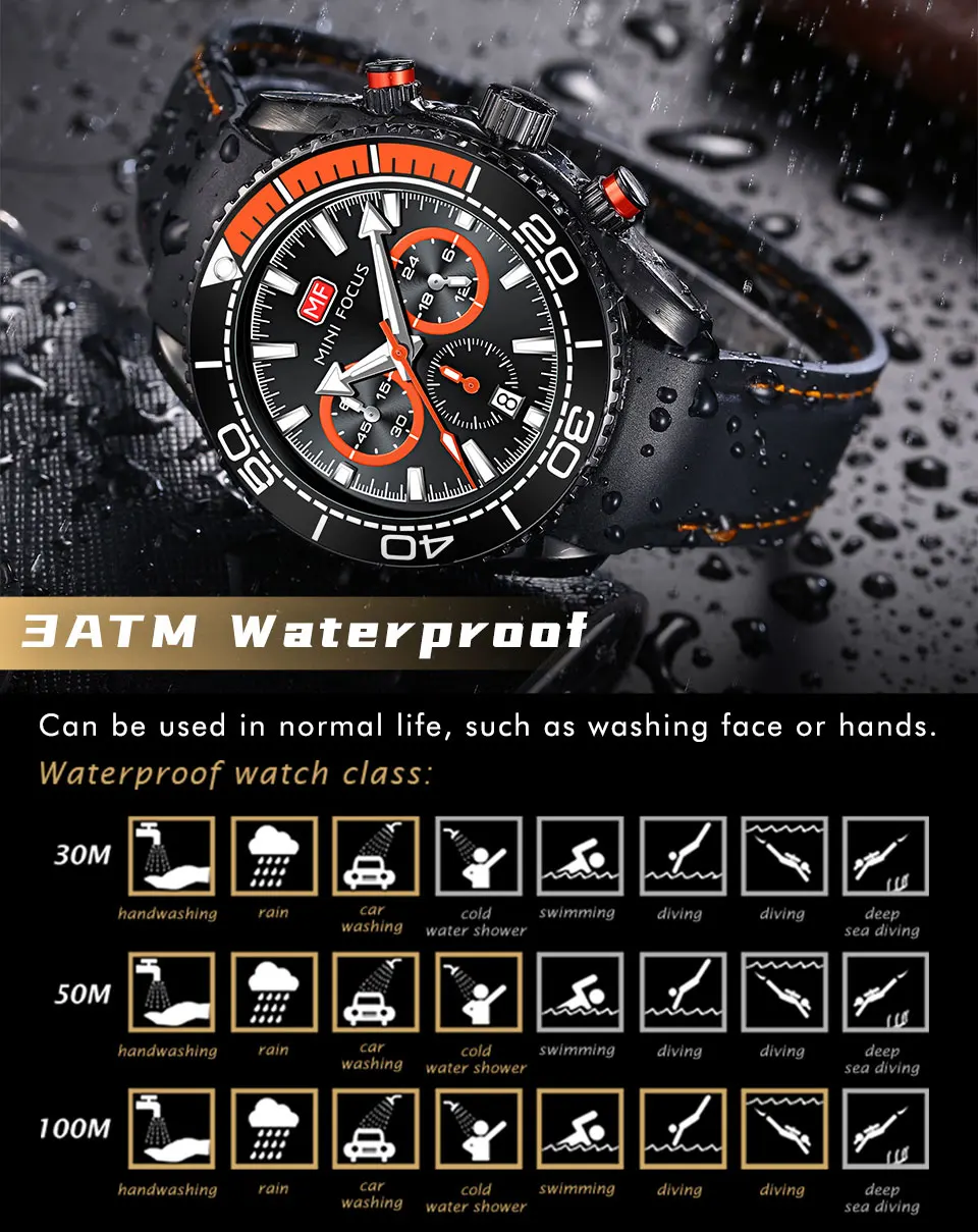 MINI FOCUS Chronograph Quartz Watches for Men Fashion Sport Wristwatch with Auto Date 24-hour Indicator Blue Silicone Strap 0426