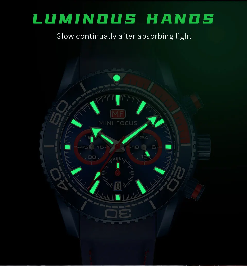 MINI FOCUS Chronograph Quartz Watches for Men Fashion Sport Wristwatch with Auto Date 24-hour Indicator Blue Silicone Strap 0426