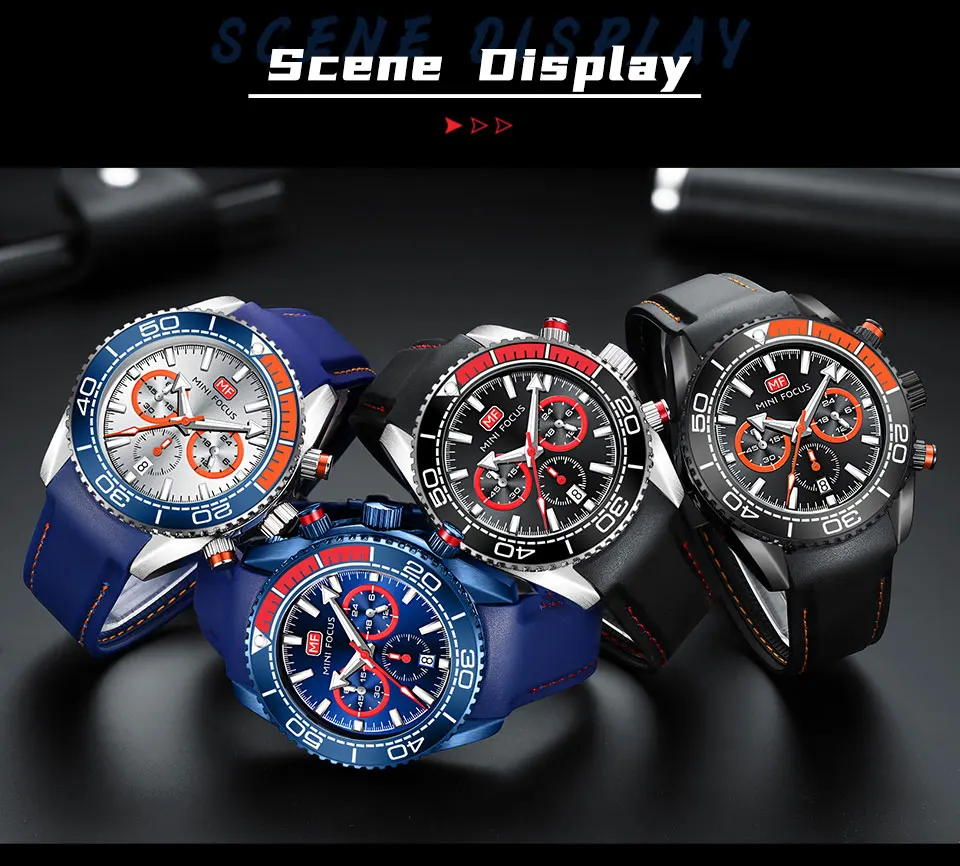 MINI FOCUS Chronograph Quartz Watches for Men Fashion Sport Wristwatch with Auto Date 24-hour Indicator Blue Silicone Strap 0426