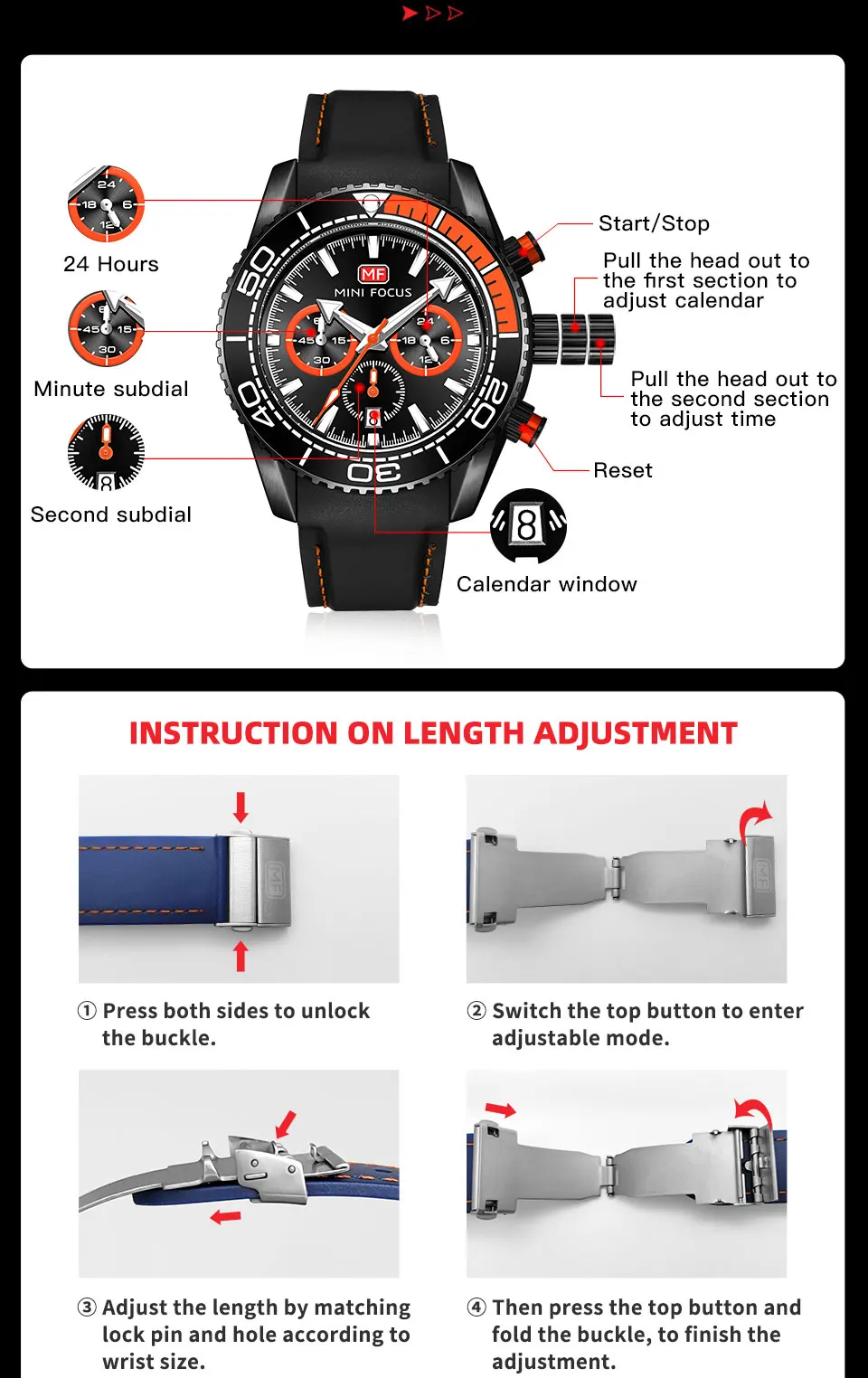 MINI FOCUS Chronograph Quartz Watches for Men Fashion Sport Wristwatch with Auto Date 24-hour Indicator Blue Silicone Strap 0426