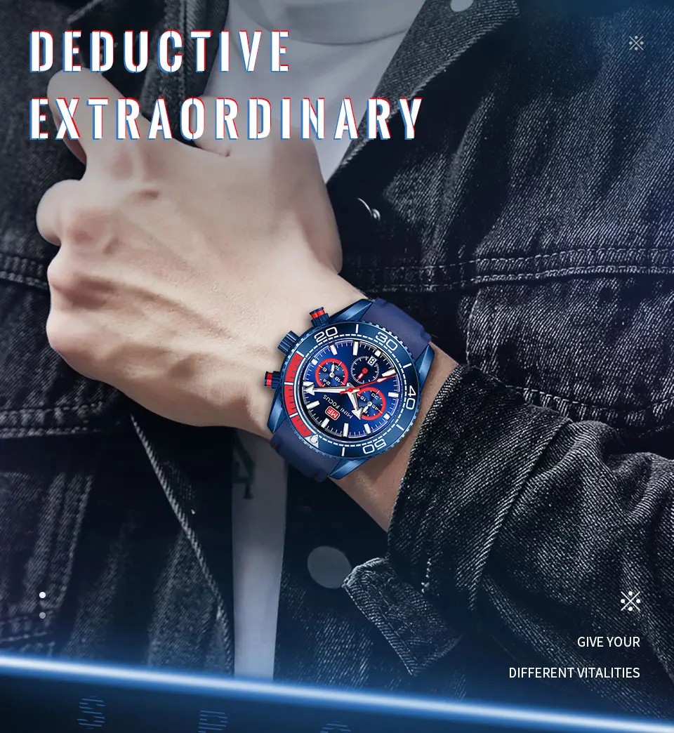 MINI FOCUS Chronograph Quartz Watches for Men Fashion Sport Wristwatch with Auto Date 24-hour Indicator Blue Silicone Strap 0426