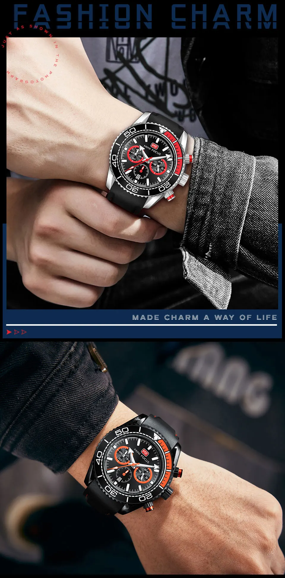 MINI FOCUS Chronograph Quartz Watches for Men Fashion Sport Wristwatch with Auto Date 24-hour Indicator Blue Silicone Strap 0426